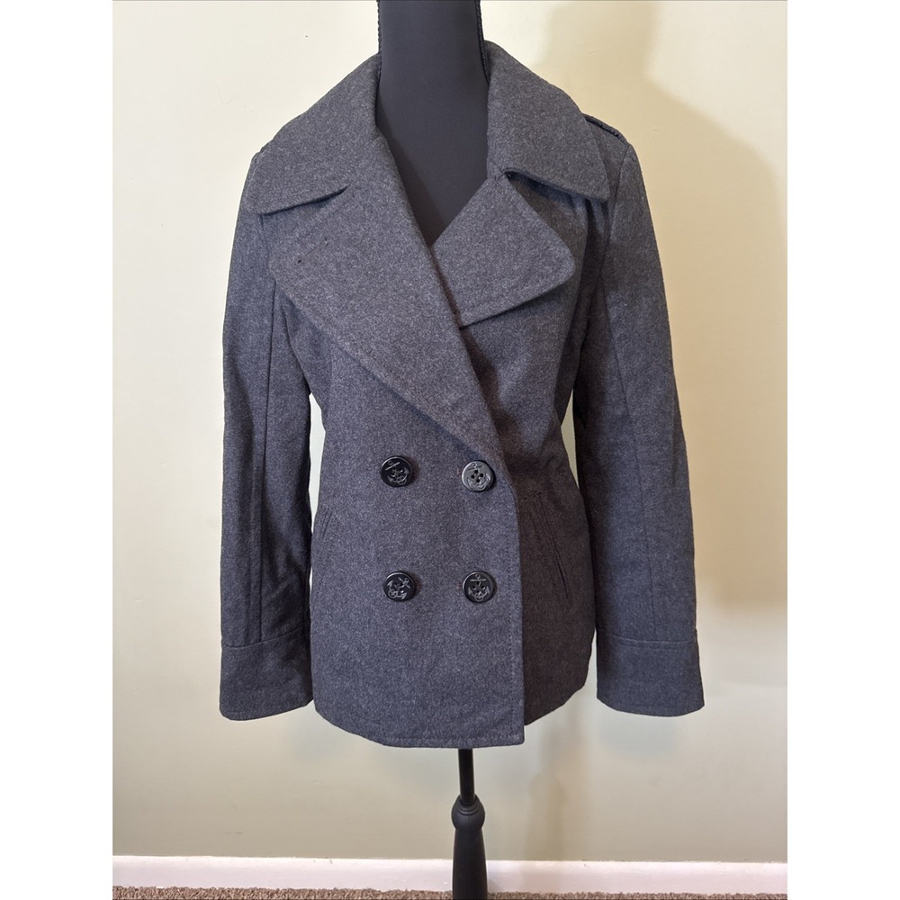 American Eagle Women's Peacoat Size Medium‎ Dark Gray Anchor Buttons Wool Blend